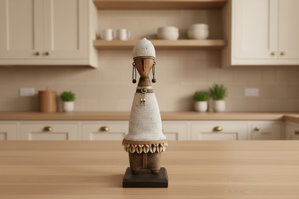 Decorative item with a white base and brown top on a black and beige background