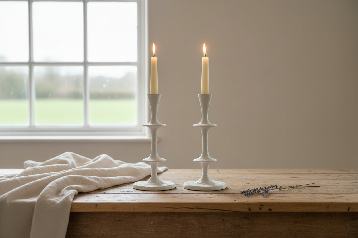 Two white ceramic candle holders on a black and beige surface